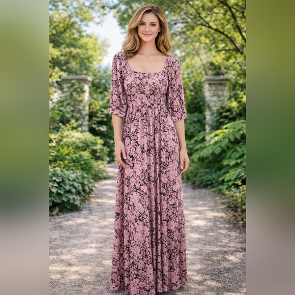 Something Navy Dresses & Skirts - Something Navy - Pink/Navy Fairy Floral Print Smocked NWT Maxi Dress Size M